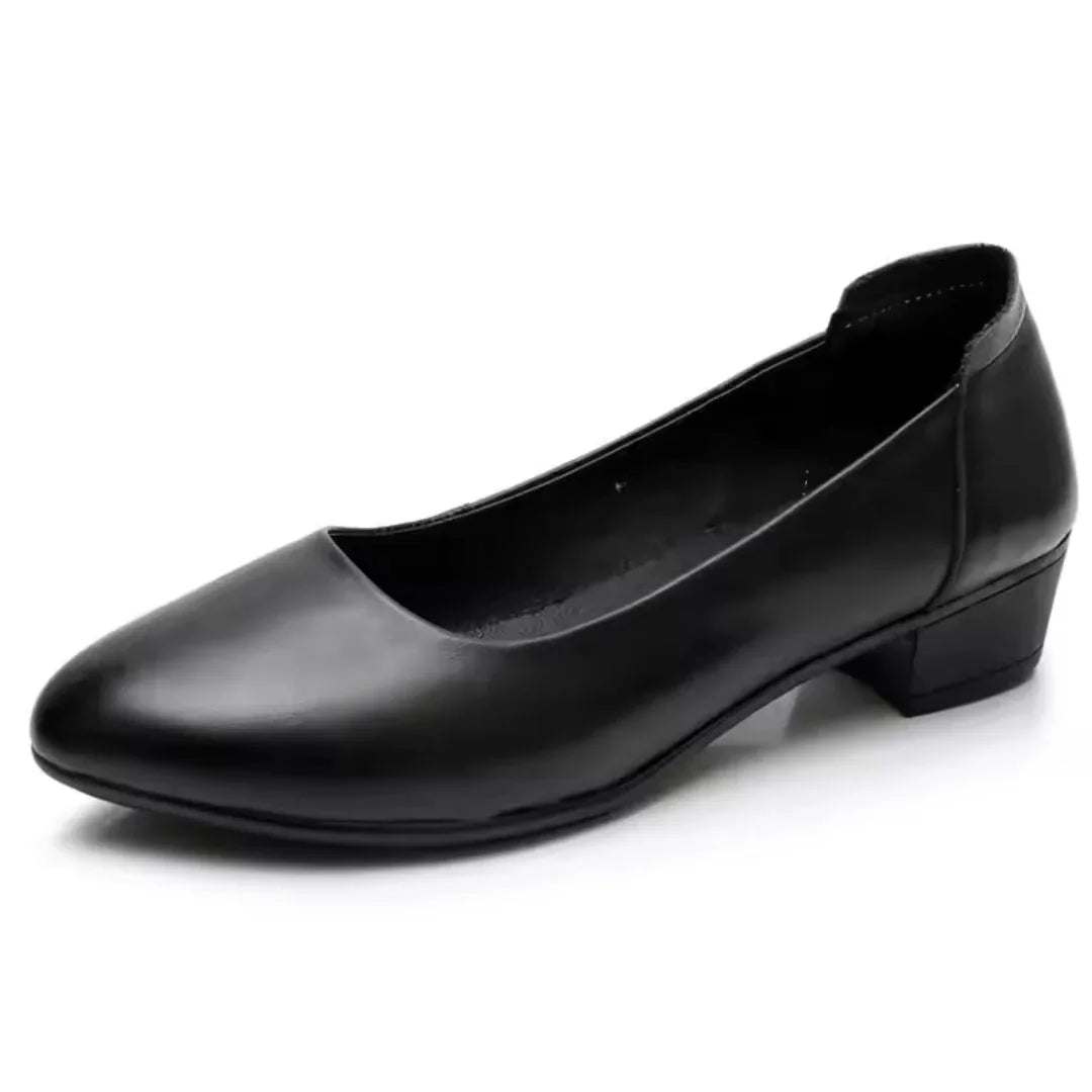 Chaussures femme cuir noir à talon carré bas, confort slip-on classique - Parisola