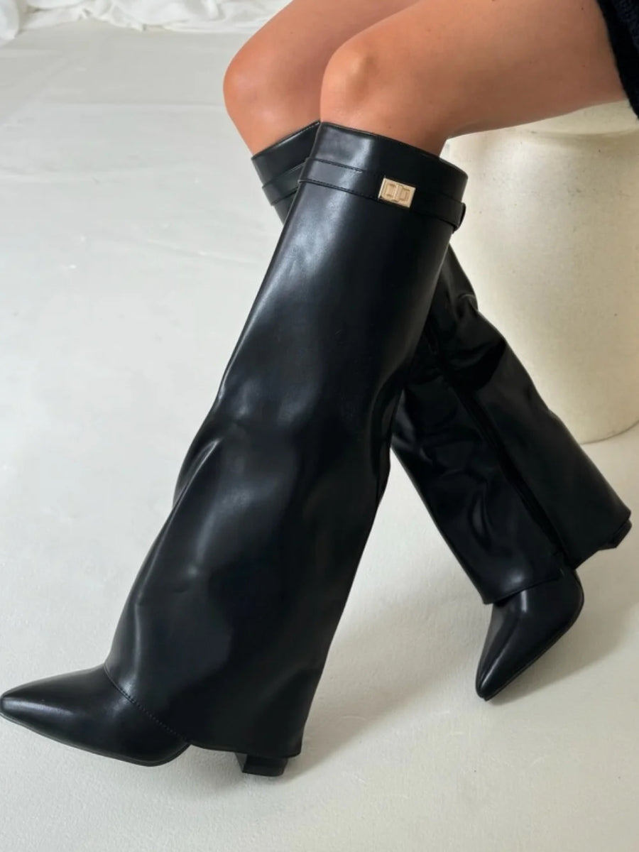 Bottes montantes femme synthétique talon bloc 7,5 cm bout pointu