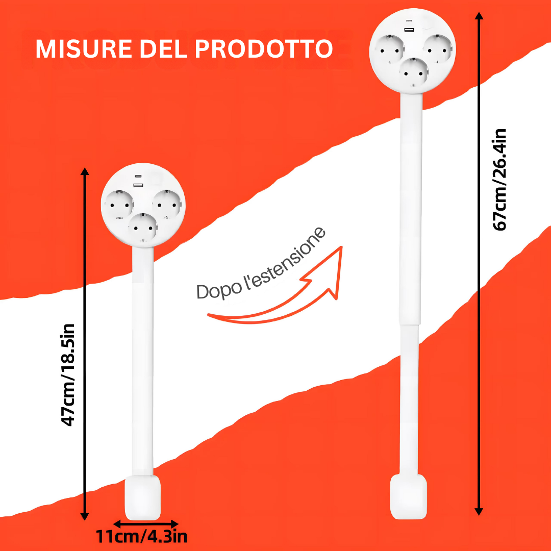 Prise extensible télescopique 47-67cm tête rotative 3 prises EU USB-A USB-C certifiée CE