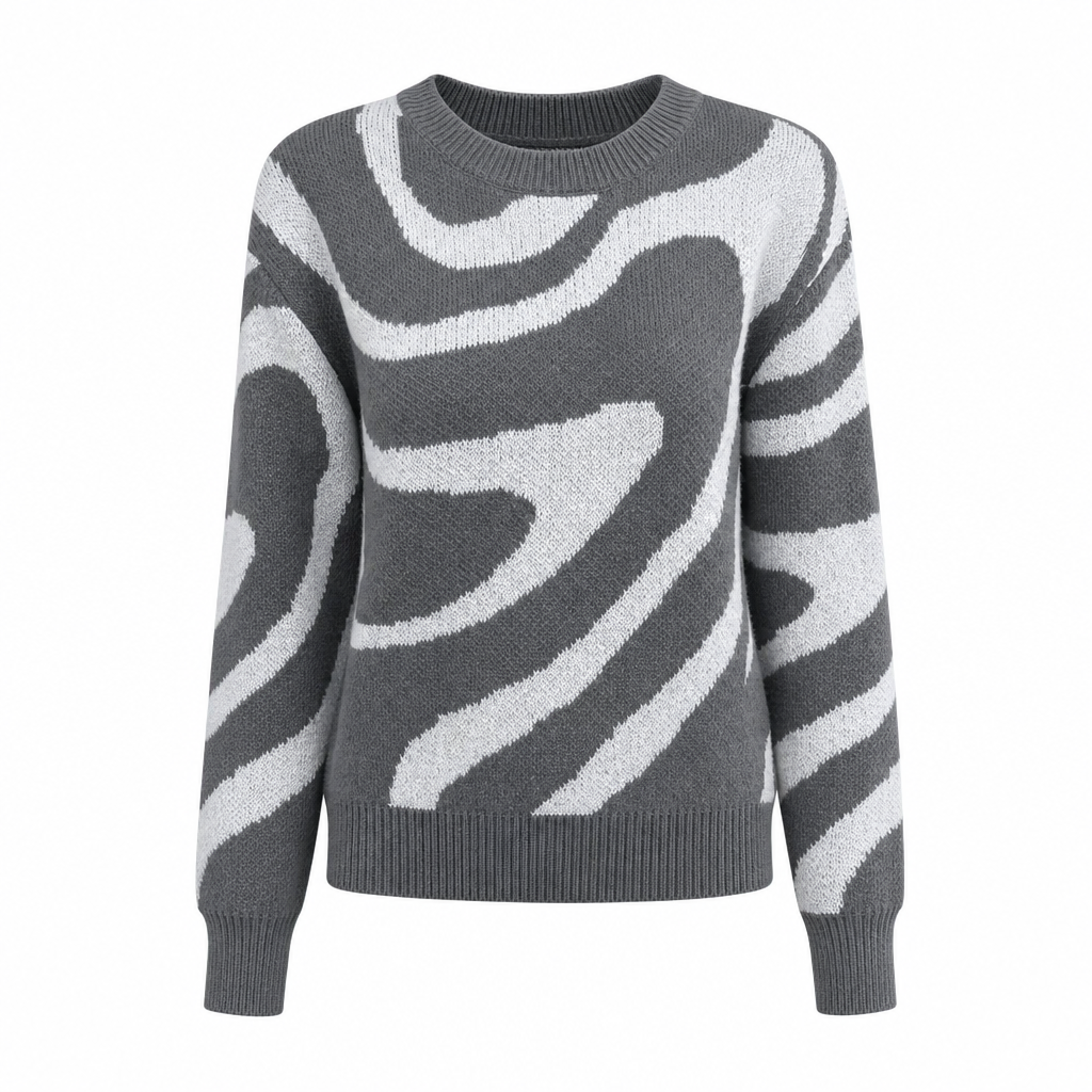 Pull femme motif abstrait manches longues col rond