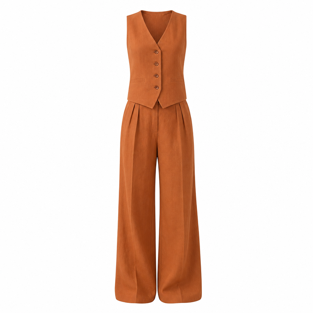 Ensemble lin femme gilet pantalon large élégant