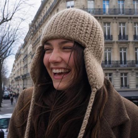 Bonnet d'hiver porté dans une rue de Paris