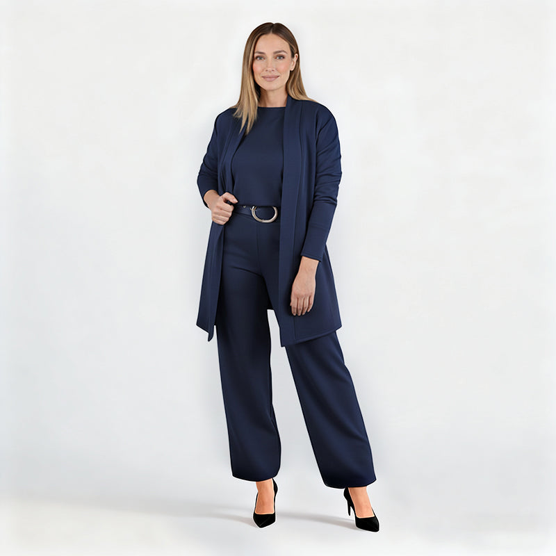 Ensemble femme élégant trois pièces veste haut pantalon