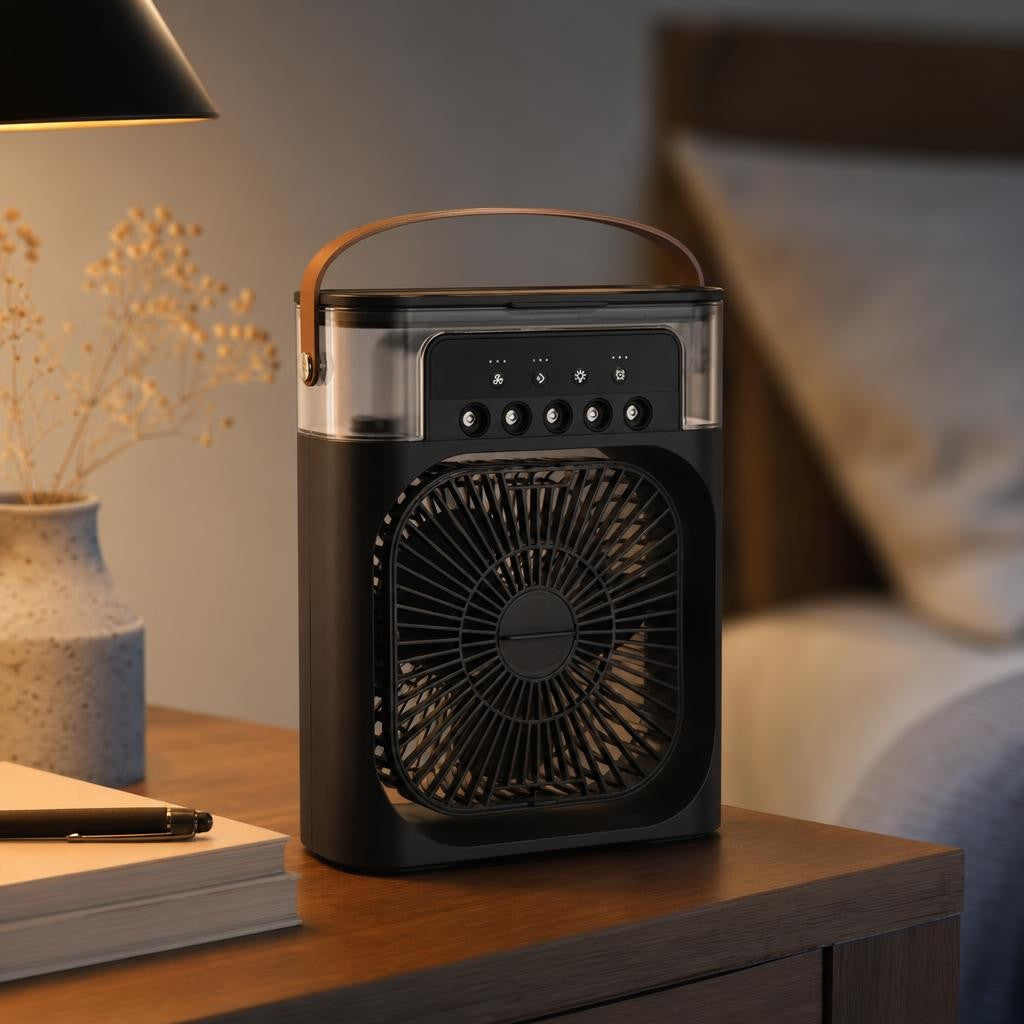Refroidisseur d'air noir sur table de chevet