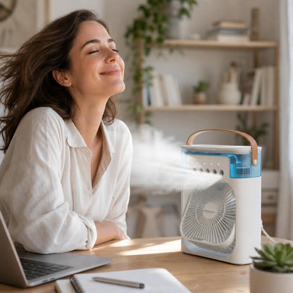 Femme heureuse profitant de la fraîcheur du mini ventilateur