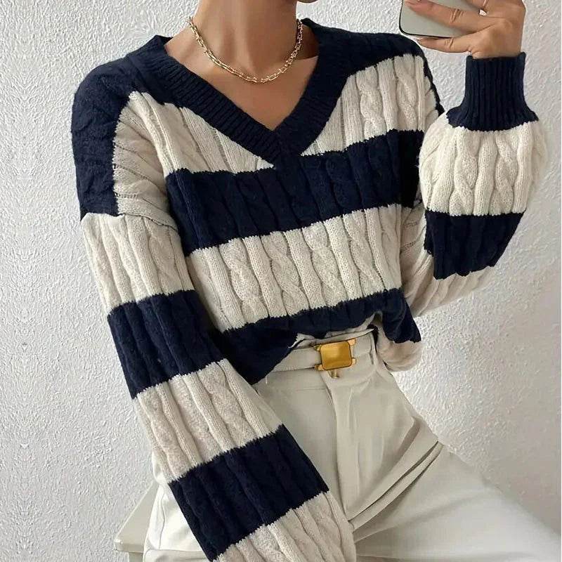 Pull rayé femme col rond manches longues mailles douces