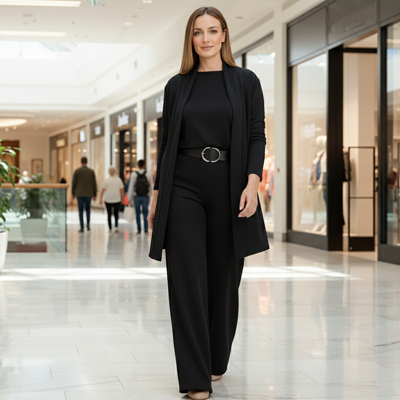 Ensemble femme élégant trois pièces veste haut pantalon