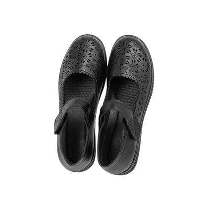 Chaussures plates noires en PU souple avec bride à scratch et motifs ajourés pour femme - Parisola