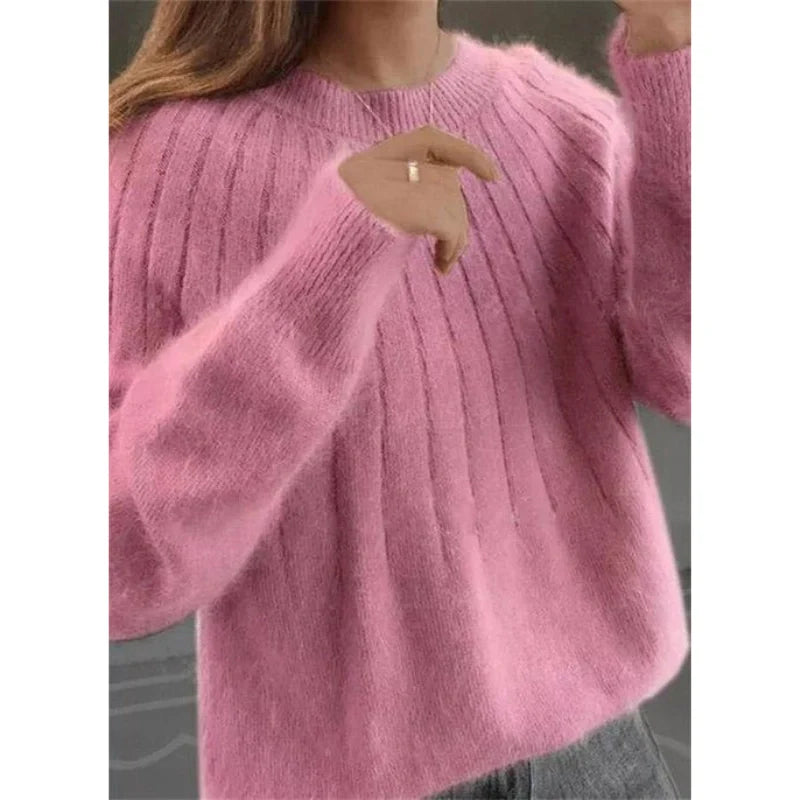 Pull tricoté femme rose mailles douces col rond