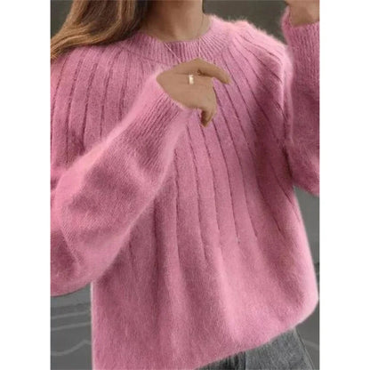 Pull tricoté femme rose mailles douces col rond