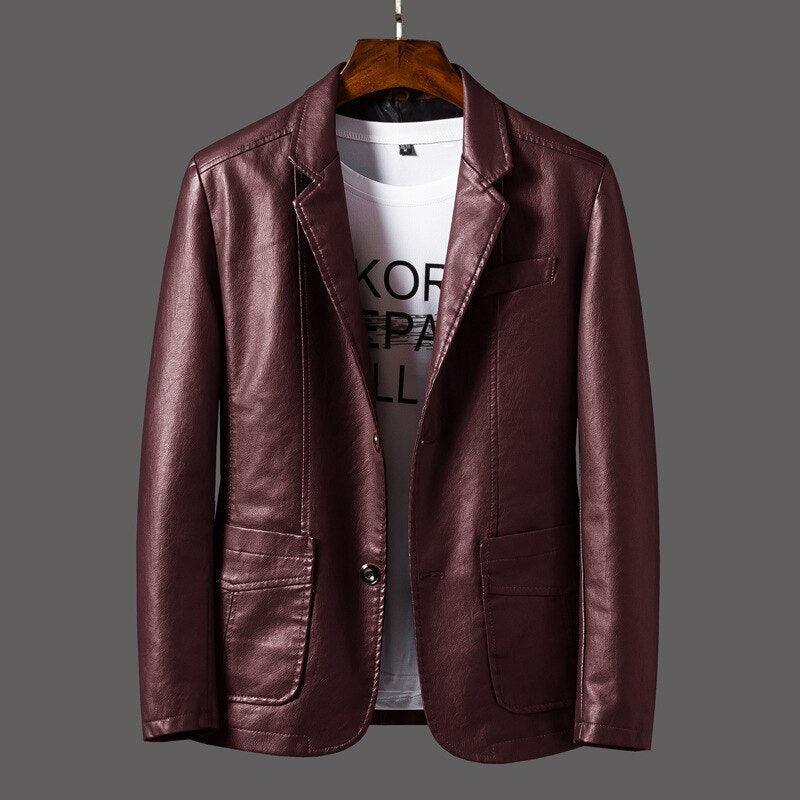 Blazer homme cuir synthétique élégant coupe ajustée col en V