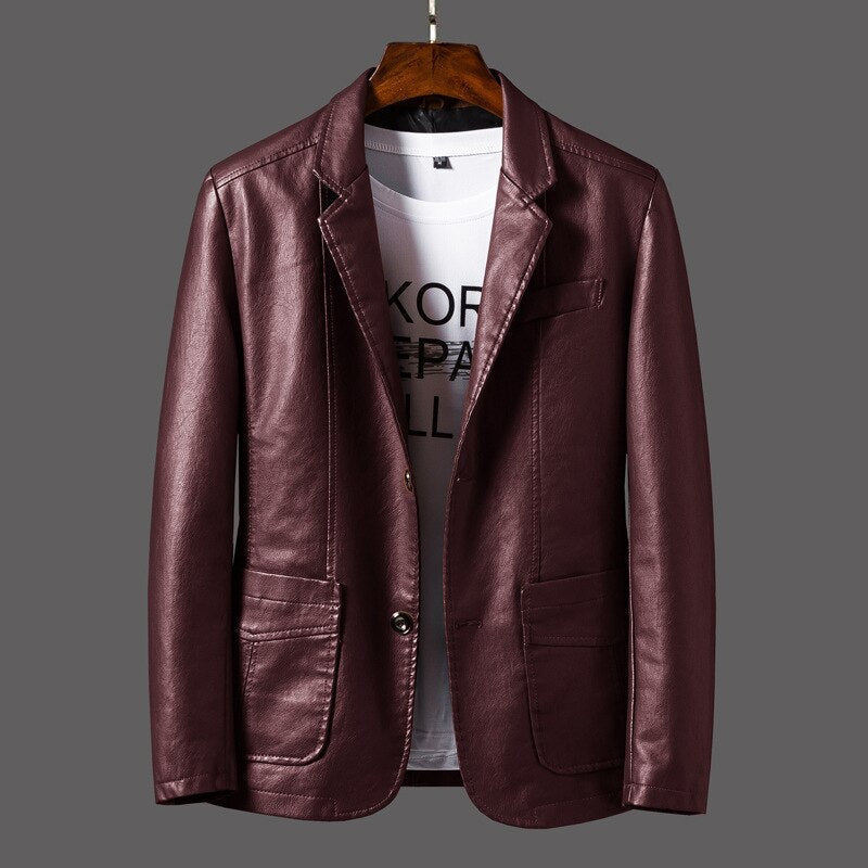 Blazer homme cuir synthétique élégant coupe ajustée col en V