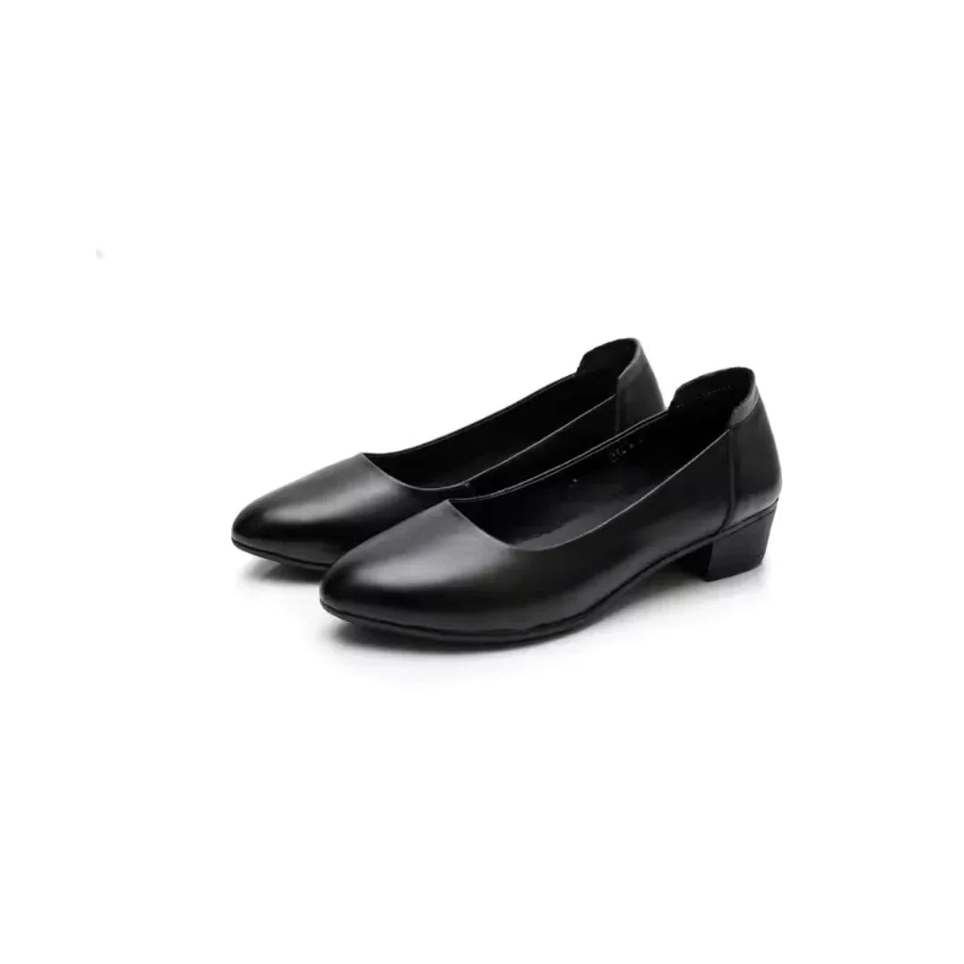 Chaussures femme cuir noir à talon carré bas, confort slip-on classique - Parisola