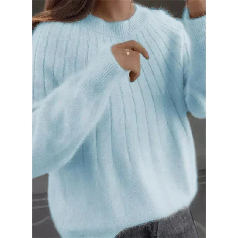 Pull tricoté femme rose mailles douces col rond