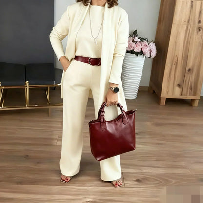 Ensemble femme élégant trois pièces veste haut pantalon