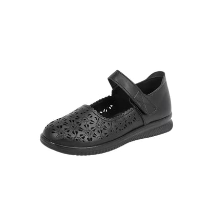 Chaussures plates noires en PU souple avec bride à scratch et motifs ajourés pour femme - Parisola