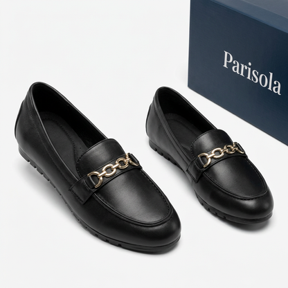 Mocassins femme cuir noir détail doré bout rond semelle plate