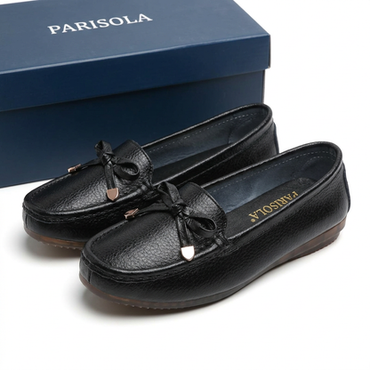 Mocassins femme cuir noir nœud décoratif bout rond semelle plate antidérapante