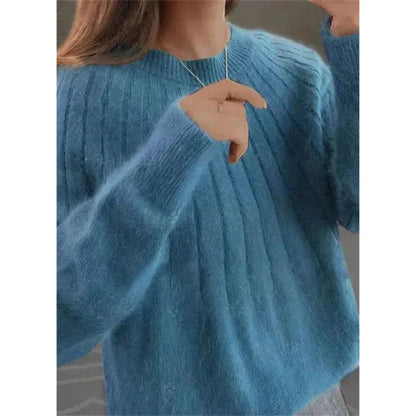 Pull tricoté femme rose mailles douces col rond