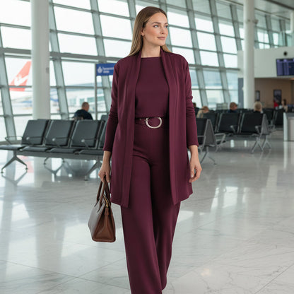 Ensemble femme élégant trois pièces veste haut pantalon