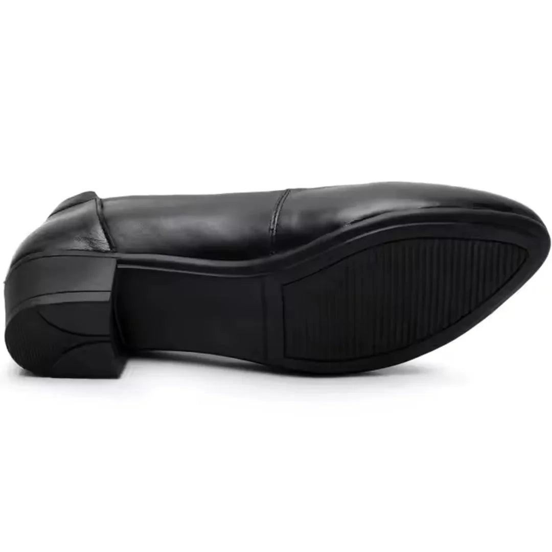 Chaussures femme cuir noir à talon carré bas, confort slip-on classique - Parisola
