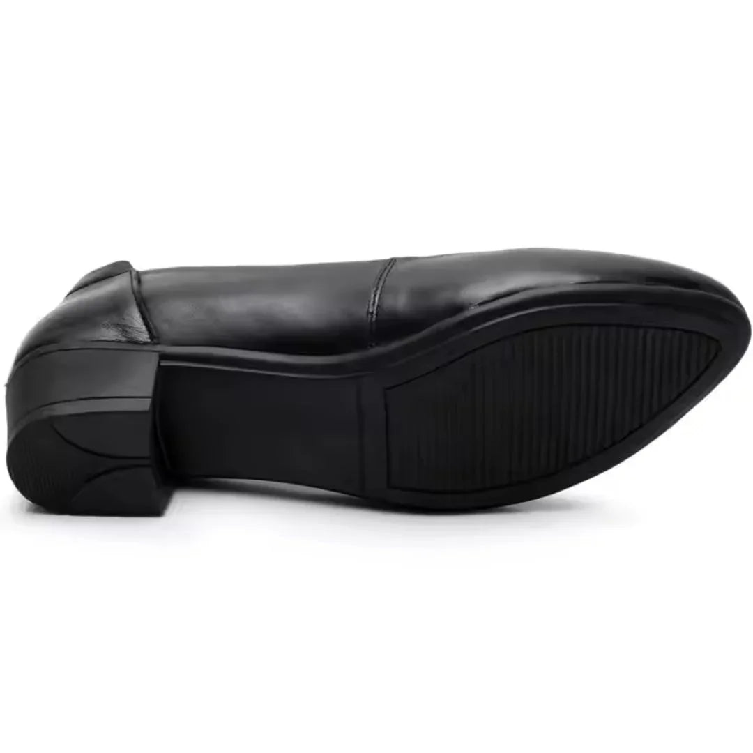 Chaussures femme cuir noir à talon carré bas, confort slip-on classique - Parisola