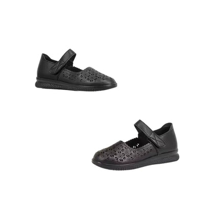 Chaussures plates noires en PU souple avec bride à scratch et motifs ajourés pour femme - Parisola