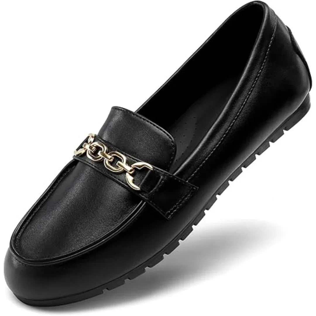 Mocassins femme en cuir avec détail métallique doré, semelle plate antidérapante - Parisola