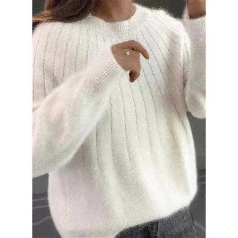 Pull tricoté femme rose mailles douces col rond