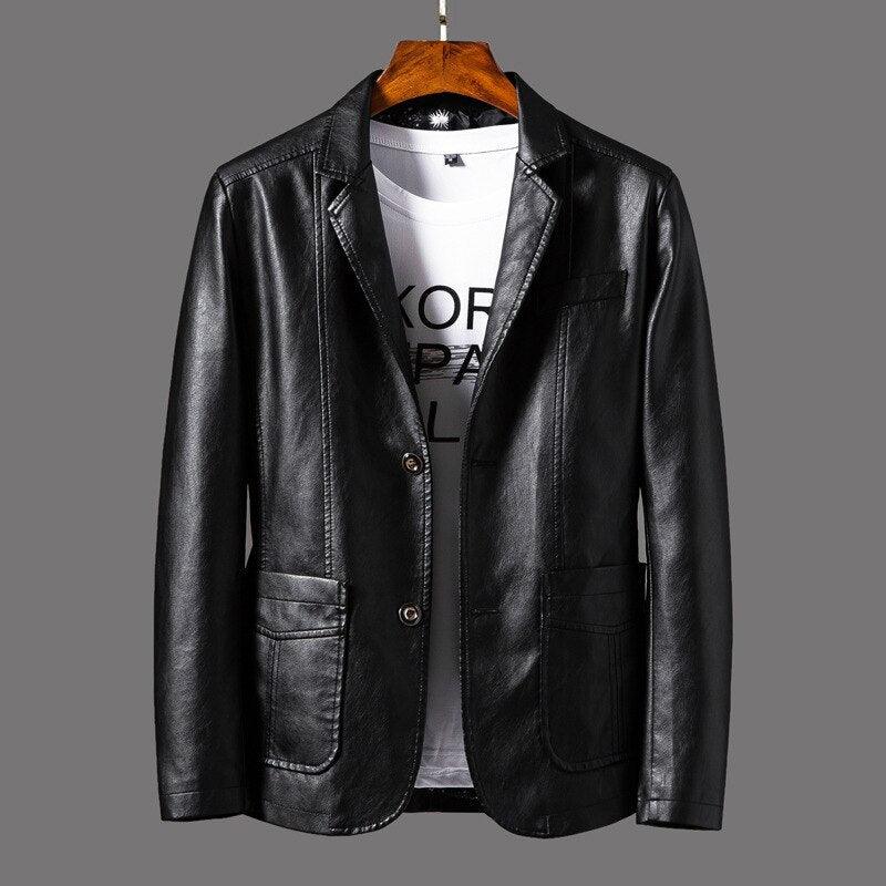 Blazer homme cuir synthétique élégant coupe ajustée col en V