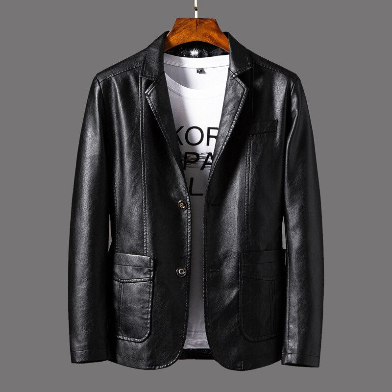Blazer homme cuir synthétique élégant coupe ajustée col en V