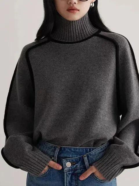 Pull col montant femme tricot colorblock bicolore manches longues coupe ample