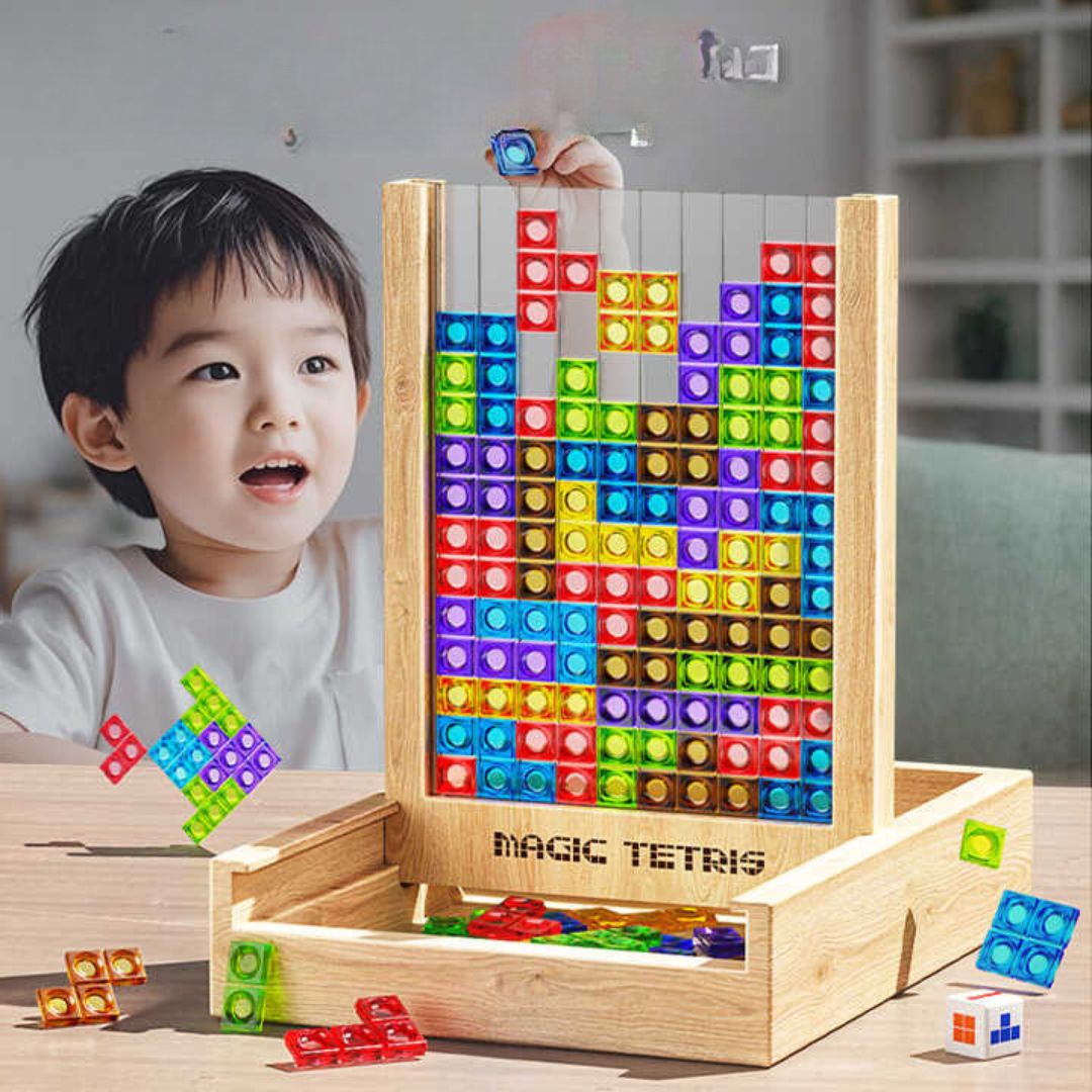 Puzzle tétris bois pièces géométriques colorées coins arrondis enfants adultes