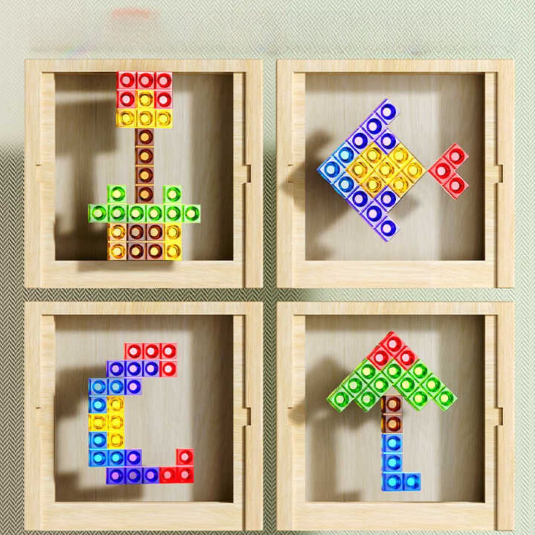 Jeu puzzle Tetris pièces bois colorées coins arrondis logique famille enfants adultes