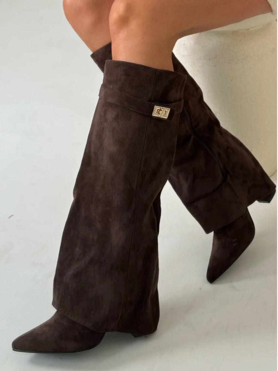 Bottes montantes femme synthétique talon bloc 7,5 cm bout pointu