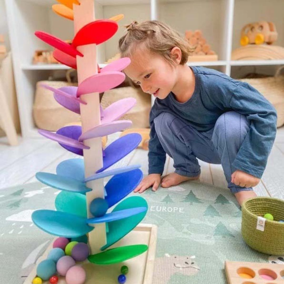 Tour sensorielle bois toboggan billes enfant éveil sonore non toxique dès 10 mois