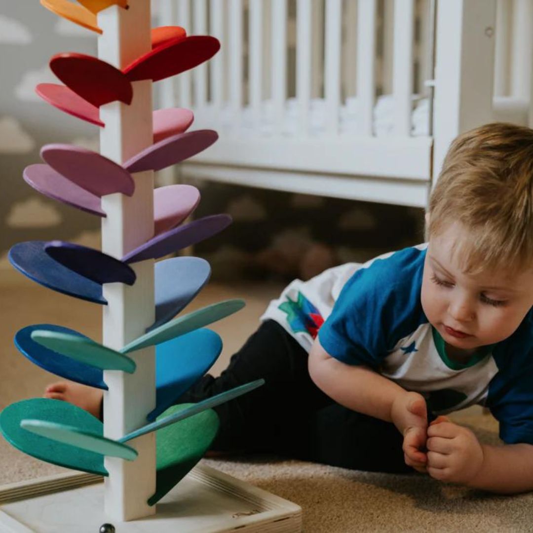 Tour sensorielle bois toboggan billes enfant éveil sonore non toxique dès 10 mois