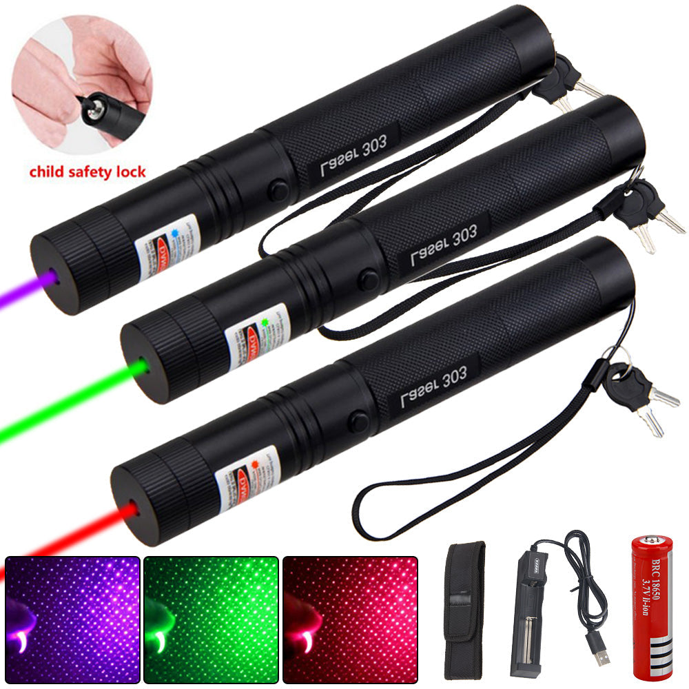Pointeur laser rechargeable USB-C aluminium 3 couleurs verrou sécurité portée 10 000 m