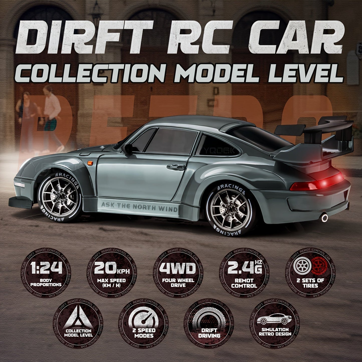 Voiture RC drift 4WD télécommandée 2,4GHz LED 1:24 batterie lithium USB 8 ans et plus