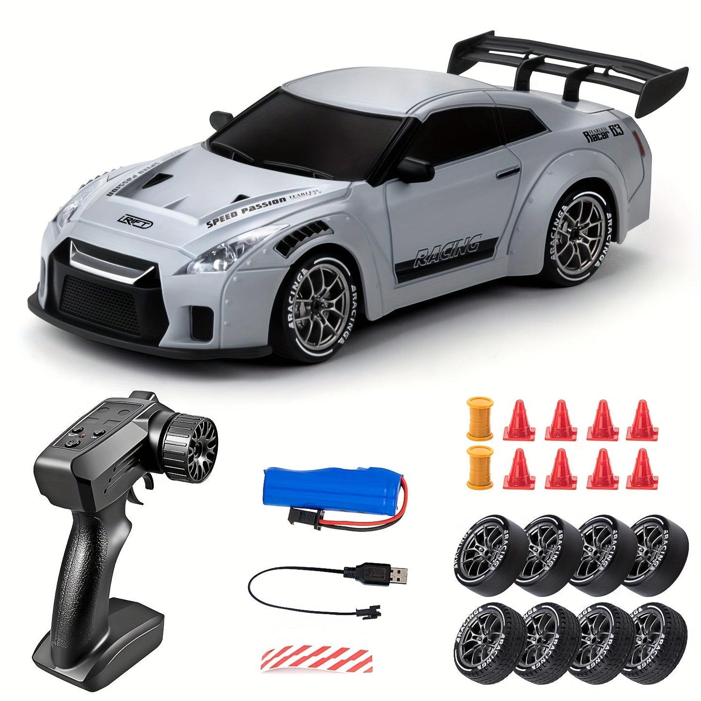 Voiture RC drift 4WD télécommandée 2,4GHz LED 1:24 batterie lithium USB 8 ans et plus