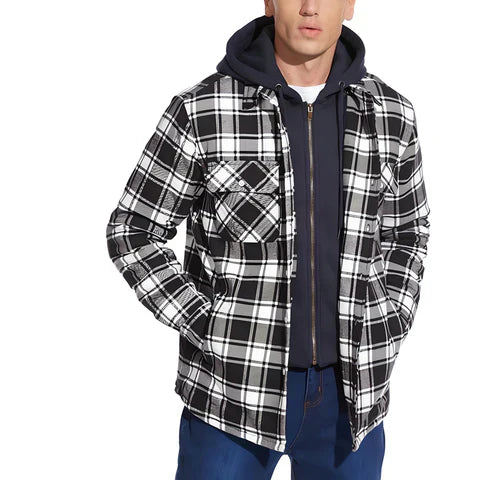 Veste à capuche homme carreaux flanelle chaude boutons