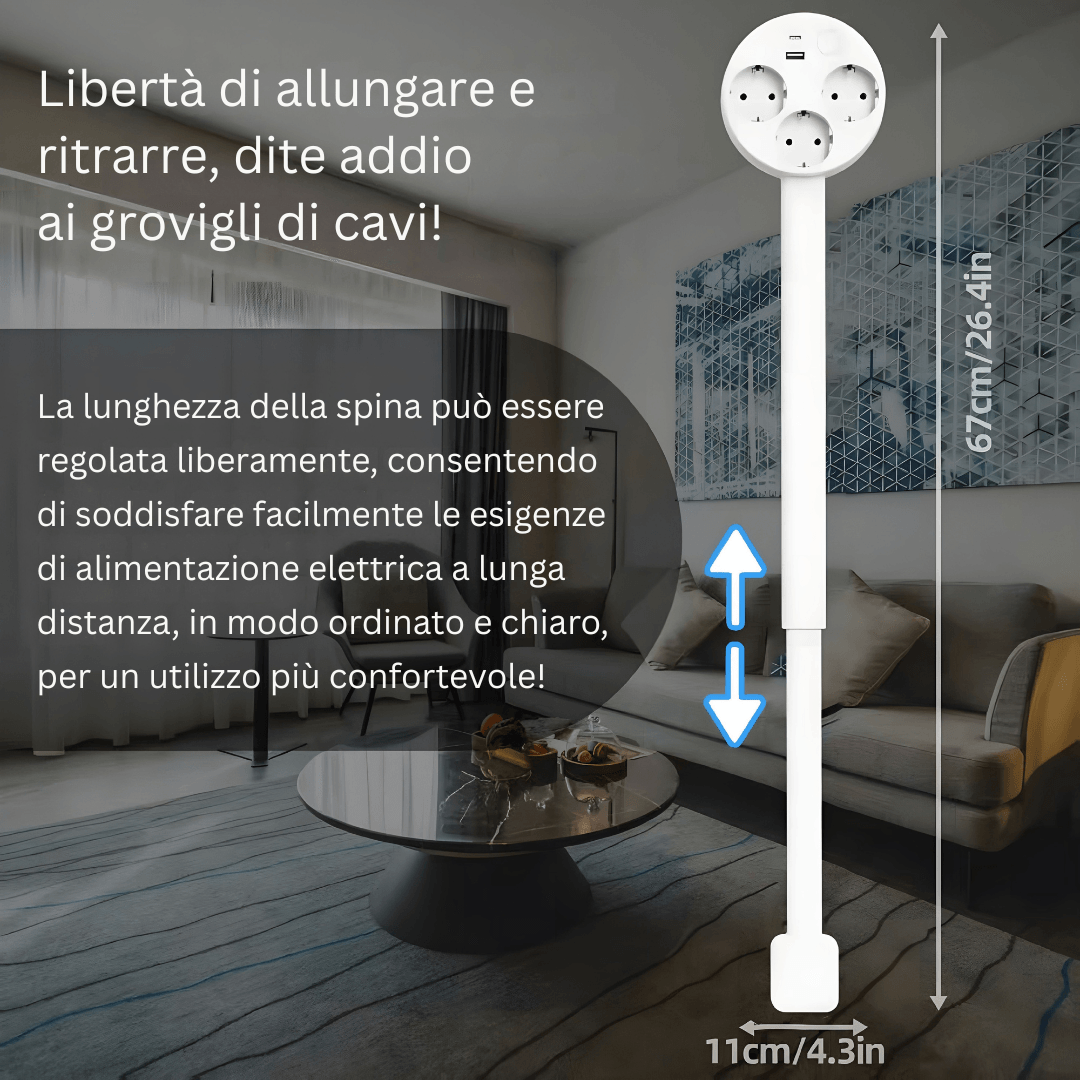 Prise extensible télescopique 47-67cm tête rotative 3 prises EU USB-A USB-C certifiée CE