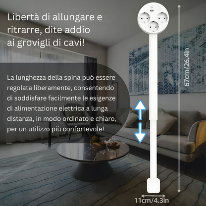 Prise extensible télescopique 47-67cm tête rotative 3 prises EU USB-A USB-C certifiée CE