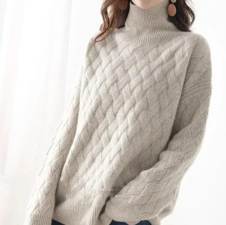 Pull col roulé femme maille torsadée acrylique coupe ajustée