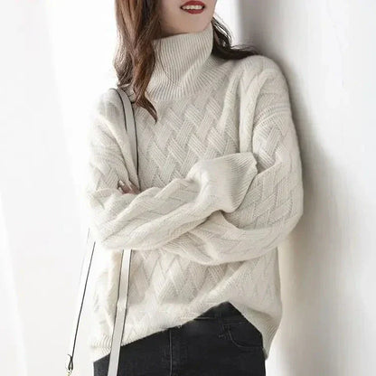 Pull col roulé femme maille torsadée acrylique coupe ajustée