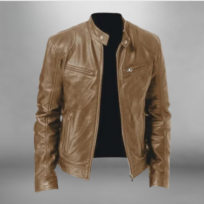 Veste en cuir homme coupe ajustée fermeture zippée col montant