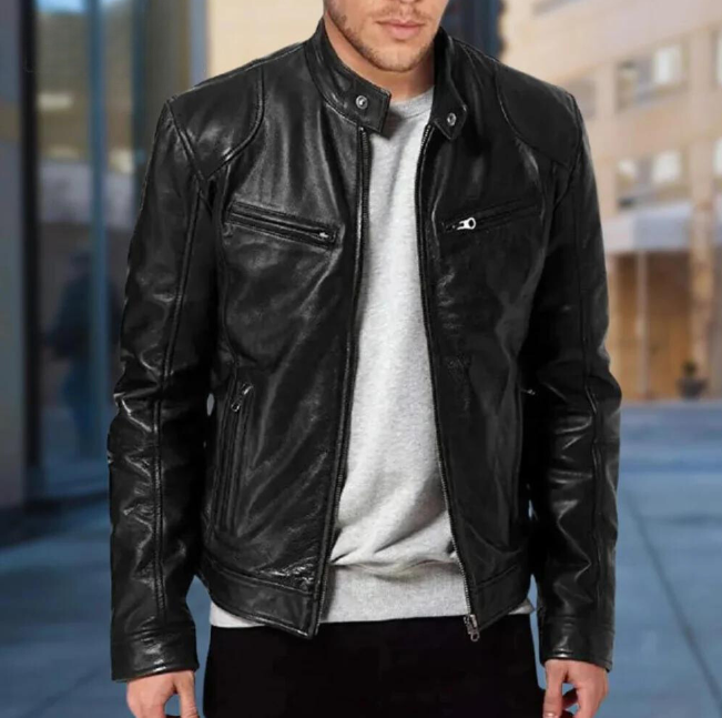 Veste en cuir homme coupe ajustée fermeture zippée col montant