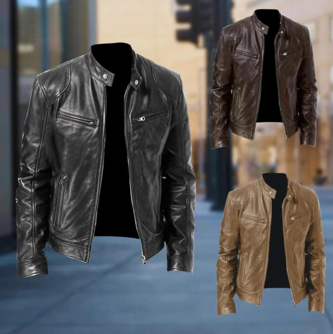 Veste en cuir homme coupe ajustée fermeture zippée col montant