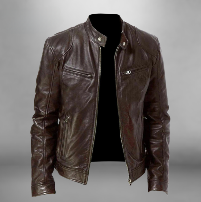 Veste en cuir homme coupe ajustée fermeture zippée col montant