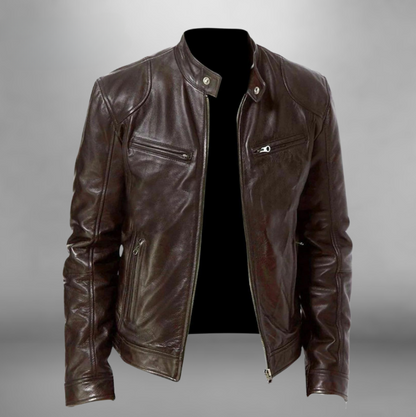 Veste en cuir homme coupe ajustée fermeture zippée col montant
